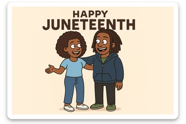 A woman Kinky hair light blue shirt blue jeans white shoes boy Dreadlocks dark brown hair green shuts navy blue zip up hoodie black jeans green shoes Bob Marley Vanessa Nakate Mae Jemison Happy JUNETEENTH sticker