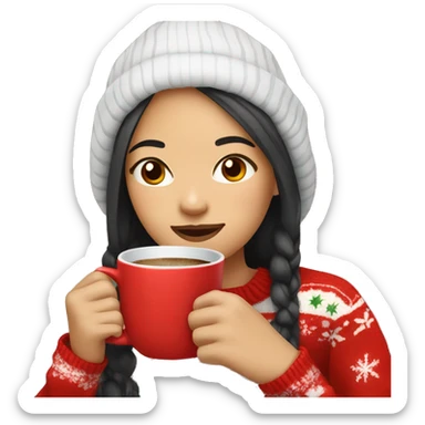 asian girl drinking coffee wearing Christmas sweater sticker