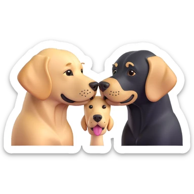 a black Labrador retriever and a blonde Labrador retriever, standing, touching noses as if kissing, 3D emoji style sticker