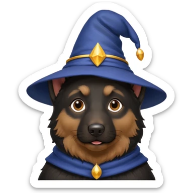 black german shepherd face wearing a wizard hat sticker