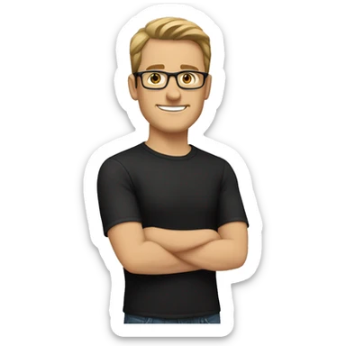 white man with short light brown hair, brown eyes, and glasses wearing a black t-shirt sticker