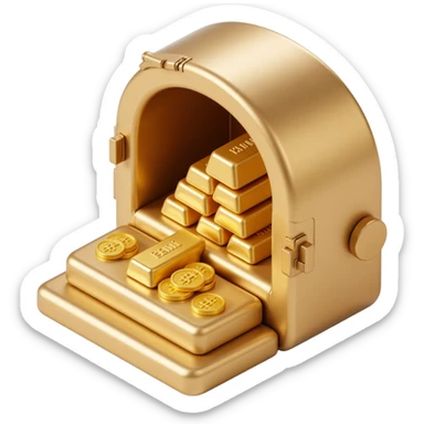 an open bank vault filled with gold bars, skeuomorphism style, realistic metal, shiny gold, 3D look sticker