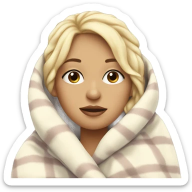 pretty blonde girl wrapped in big blanket drinking hot chocolate with marshmallows and her eyes closed sticker