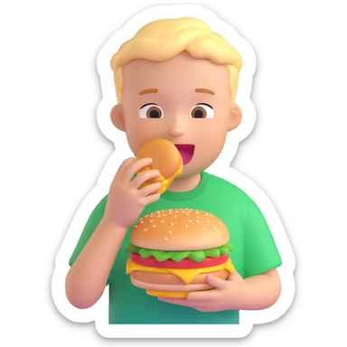 kid eating a burger, wearing a green t-shirt, 3D emoji style sticker