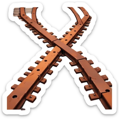 rusty railway track, weathered and old, reddish-brown rust, broken wooden ties, realistic style sticker