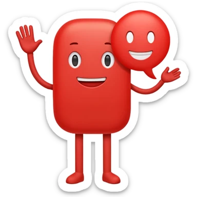 Minimal red emoji character shaped like a rounded speech bubble, with a soft face and two white lines inside symbolizing text. Small arms and legs, looks energetic and helpful. Represents short and clear communication. Flat emoji style on white background, clean and cheerful sticker