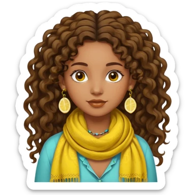 bohemian girl with brown skin, long curly brown hair tied up high at the back, lemon yellow scarf, round earrings sticker