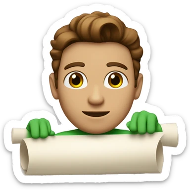 a light-skinned green-eyed man with styled brown hair (brushed back) sitting in front of the long white paper scroll sticker