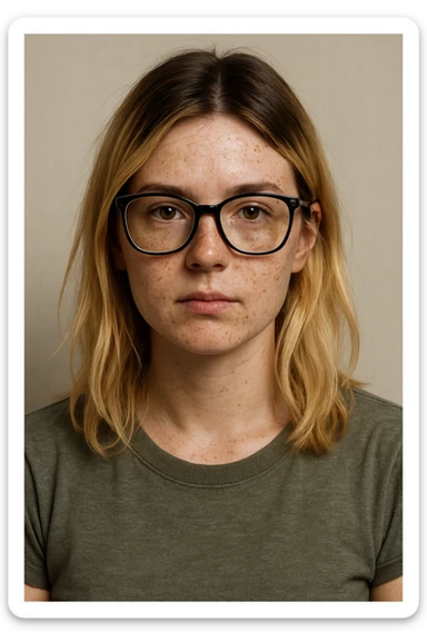 upper body portrait of a blonde girl with visible brown roots, freckles, and black frame glasses, neutral background sticker
