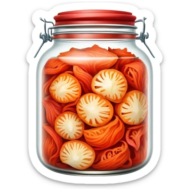 chopped up Kimchi Cinematic Realistic Kimchi Dish Emoji, depicted as spicy, fermented cabbage with vibrant red hues neatly served in a traditional jar, rendered with dynamic textures and bold, appetizing lighting. sticker