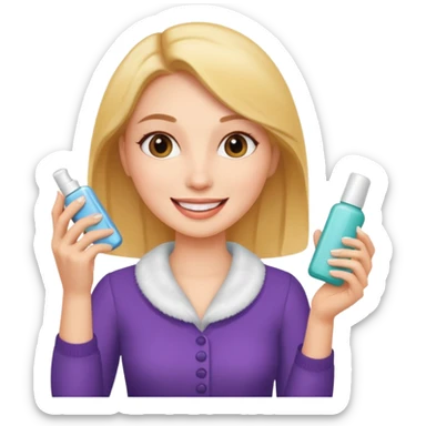 A woman holding a cosmetic product and speaking. sticker