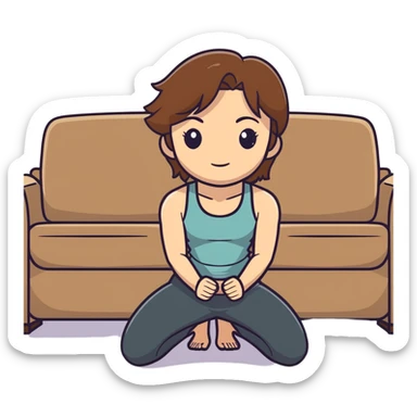 One Caucasian woman with brown hair big boobs wearing pants and a tank top, kneeling on the ground next to a couch with a bald man sitting on it.  sticker