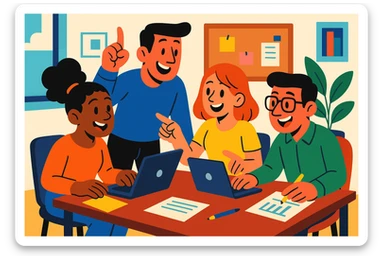 a group of coworkers in an office, working together around a table, vibrant cartoon style sticker