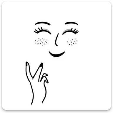 A hand-drawn face with closed smiling eyes with eyelashes, pursed lips wearing lipstick, and a hand with painted nails where only the thumb is out sticker