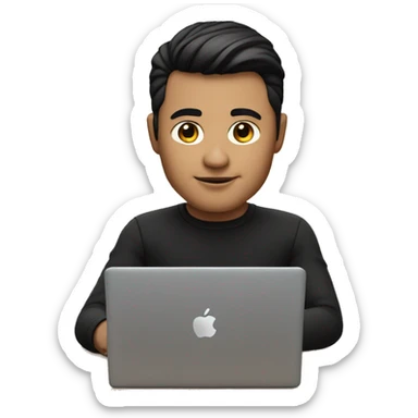     memoji of a man with a laptop in front, apple-style,modern,dark hair,black sweater,computer in hand,sitting on his desk sticker