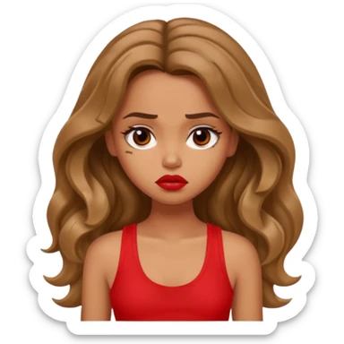 generate a pretty tan bratz girl with brown wavy hair long wearing a red tank top, red lipstick. Looking sad sticker
