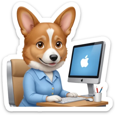 perrita caricatura gorgi gales ejecutiva con ropa celeste claro mujer frente a computadora sticker