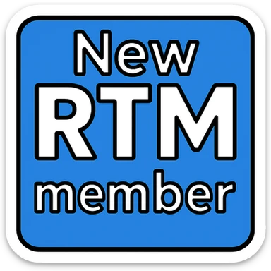 Adjust the blue square icon to make room for the word 'member' at the bottom inside the box, keeping 'New' at the top and a larger 'RTM' in the middle. All text in white, maintain the icon style with lineal color and black outlines. sticker