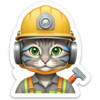 gray cat, handyman Outfit, wearing a Helmet sticker