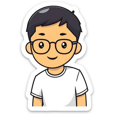 Asian man with short black hair, glasses, friendly smile, Josh Lim character sticker