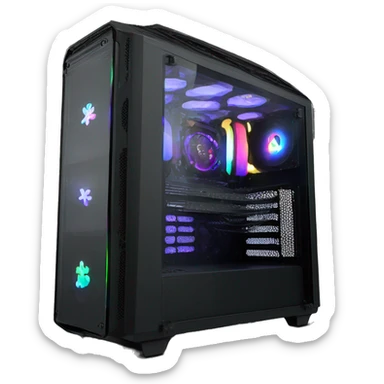 Black gaming PC RGB mid-tower case with glass side panel sticker