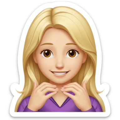 Girl with long blonde hair smiling with Hans facing down in a v shape under chin  sticker