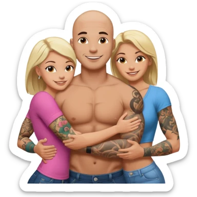 throuple tattooed sleeves bbald male with topless naked big boobed brunette and topless naked big boobed blonde girlfriends  loving  and sexy polygamy sticker