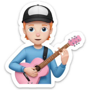 Pale man with light freckles and blue eyes wearing black cap playing a shell pink guitar sticker