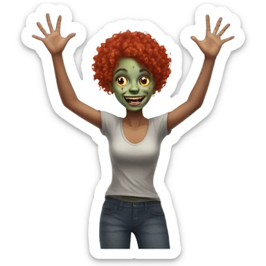 Happy zombie girl red curly hair with both hands in the air sticker