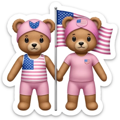 A light brown teddy bear wearing light pink clothes with a US flag print, and another with a Pilates band on its head and wearing sportswear. sticker