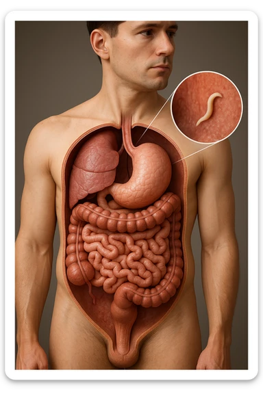 a 3D cutaway view of the human digestive tract, showing an Anisakis larva attached to the intestinal wall. in a man sticker