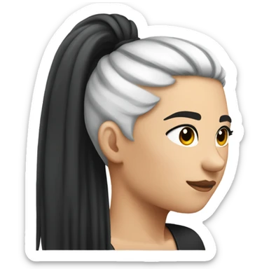 side view with black circle on cheek, high ponytail with half black hair and half white hair sticker