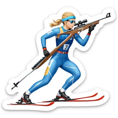 An icon featuring snow-covered trees, distant mountains, and a clear blue sky with a biathlete in motion, holding a rifle and skiing across a snowy course. Transparent background highlights the precision, endurance, and excitement of biathlon. sticker