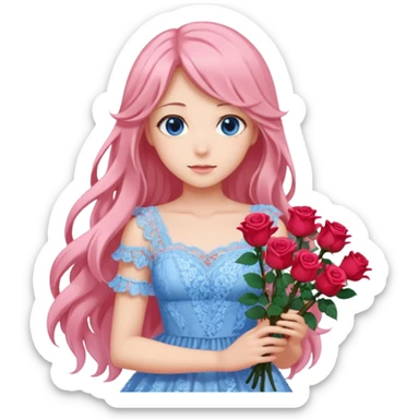 pastel anime woman with pink and white lace dress full body and long hair with roses and blue eyes sticker
