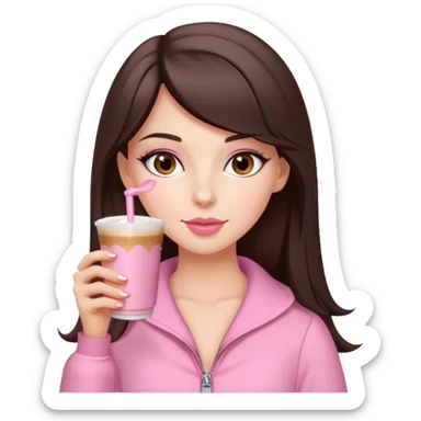 white brunette with brown eyes and a pink coquette outfit, drinking a caramel machiatto sticker