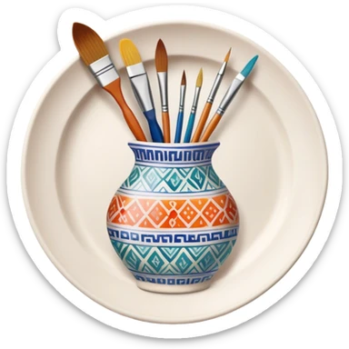 Ceramic painting icon, hand-painted ceramic plate or vase with intricate patterns, visible paintbrush, paint pots, and ceramic tools, colorful glaze, no finished artwork, just the painting process, minimalistic style, clean lines, transparent background. sticker