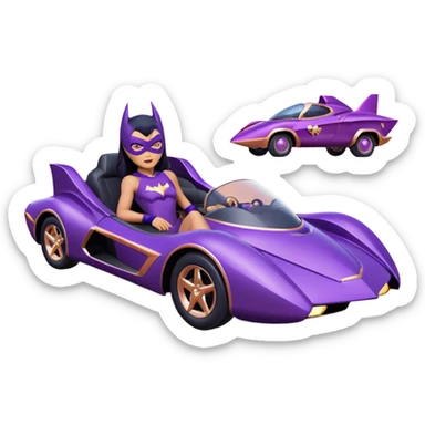 Hot full size real-appearance racing action BatGirl’s Lego feminine midnight-purple tight outfit sixty’s tv show 1992 stealth retro cat burglar sporty petite off-road pursuit hovering hover cruiser car rose gold accents (black hair,reclined and relaxed seating position and attitude) desert sticker