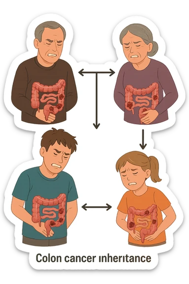 UNA SFILZA DI PARENTI TUTTE MALATE DI CANCRO AL COLON, SI TRAMANDO IL CANCRO NELLE GENERAZIONI, INTESTINO ANATOMICO VISIBILE ED ESPRESSIONE DI DOLORE IN VOLTO, MAL DI PANCIA sticker
