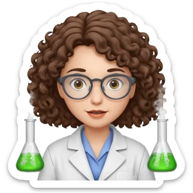 A crazy female scientist, with curly-wavy brown hair, brown eyes and grey glasses and oale skin  sticker
