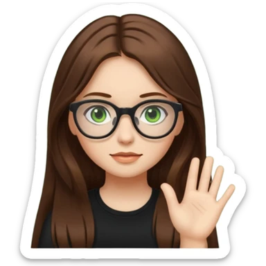 Girl with long brown hair, green eyes, glasses and a black top on sticker