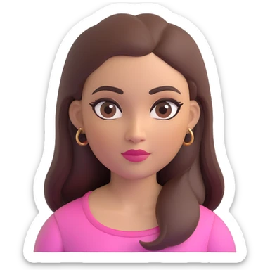 female memoji with oval face, warm light skin tone, rosy cheeks, elegant makeup with long eyelashes, defined eyeliner, soft pink lips, long straight dark brown voluminous hair, arched eyebrows, dark brown eyes, colorful top, small visible tattoo on arm sticker