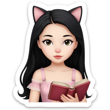 Jovem 16 anos, pele branca ,cabelos longos pretos. Boca carnuda ,nariz pequeno ,olhos grandes puxado gatinho ,cor Preta. Lendo um livro.Vestido rosa claro com alça e renda sticker