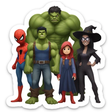 Spider-Man , the Hulk, the scarecrow and the witch together as a family sticker
