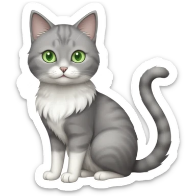 full body view of beautiful female grey cat with green eyes, white toes and white chest sticker