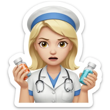 angry blonde nurse with a pills sticker
