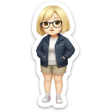 Chubby anime girl with glasses and short blonde hair, full body wearing cute clothes sticker