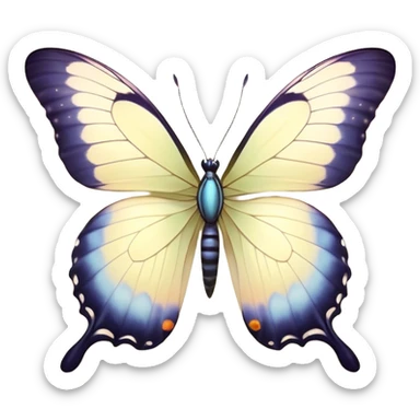 Beautiful and Majestic Butterfly Portrait Emoji, Head and body rendered in serene repose with a gentle, content smile, showcasing a delicately patterned form with softly shimmering wings and eyes peacefully closed in tranquil repose, Simplified yet exquisitely endearing features, highly detailed, glowing with a soft, drowsy pastel light, high shine, relaxed and utterly noble, stylized with an air of timeless natural beauty, soft glowing outline, capturing the essence of a majestic butterfly that embodies the pure enchantment of nature! sticker