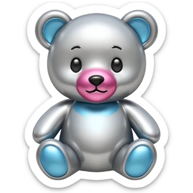 A cute teddy bear emoji made of liquid silver chrome, smooth rounded body, glossy metallic surface, soft reflections, friendly proportions, iOS emoji style, centered, clean white background sticker
