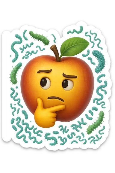 EMOJI STILE IPHONE DI una mela con espressione dubbiosa che intorno ha dei batteri intestinali, IPERREALISTICO 4K sticker