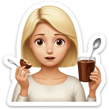 Nutella with a spoon. The glas of Nutella is almost empty . Only the one carriage of Nutella. Next to the Nutella is the head of a blond woman who is desperate to eat the Nutella  sticker